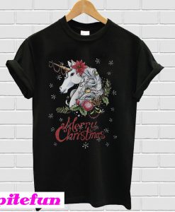 Christmas unicorn snow background T-shirt