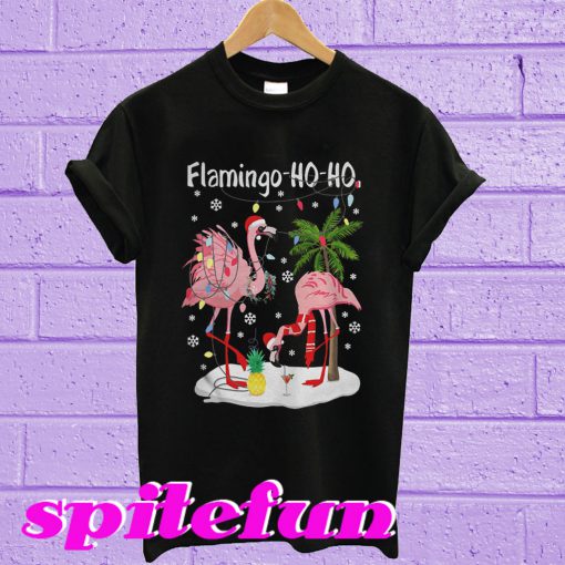 Merry Christmas Flamingo Ho Ho glitter print T-shirt