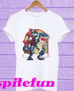 Ninja Unicorn riding dinosaur T Rex rainbow T-shirt