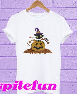 Pumpkin with black cat funny Halloween T-shirt