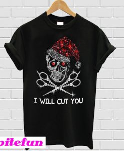 Christmas Skeleton Rhinestone Santa hat I will cut you T-shirt