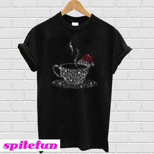 Coffee and santa hat Rhinestone Christmas T-shirt