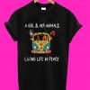 Chicken and cow a girl and her animals living life in peace T-Shirt