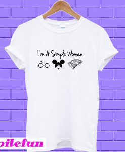 I’m a simple woman I like Harry Potter Mickey Mouse and House Stark Wolf T-shirt