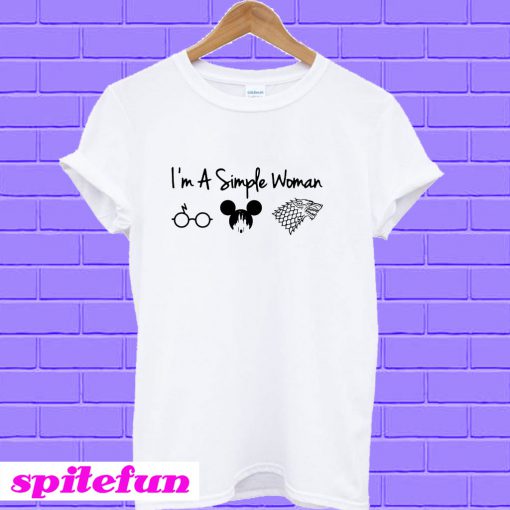 I’m a simple woman I like Harry Potter Mickey Mouse and House Stark Wolf T-shirt