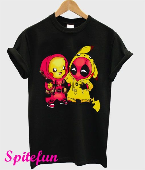 Baby Pikachu Pokemon and Deadpool Black T-Shirt