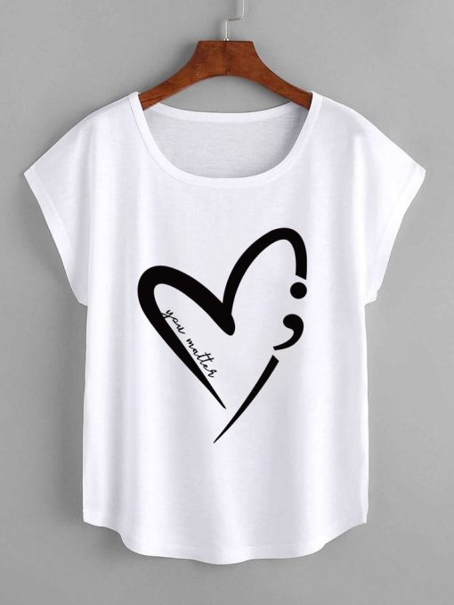 Letter & Heart Print Batwing Sleeve Tee