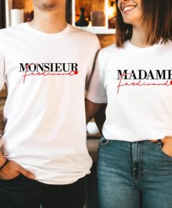 Madame Monsieur personalized last name red heart Couple T Shirt